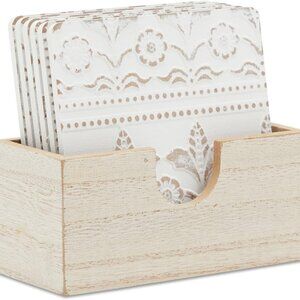 Set of 6 White Wooden Coasters with Holder for Drinks, Coffee Table, and Floral